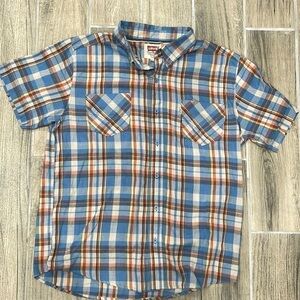 Levi’s plaid button down shirt short sleeve orange blue mens XL‎